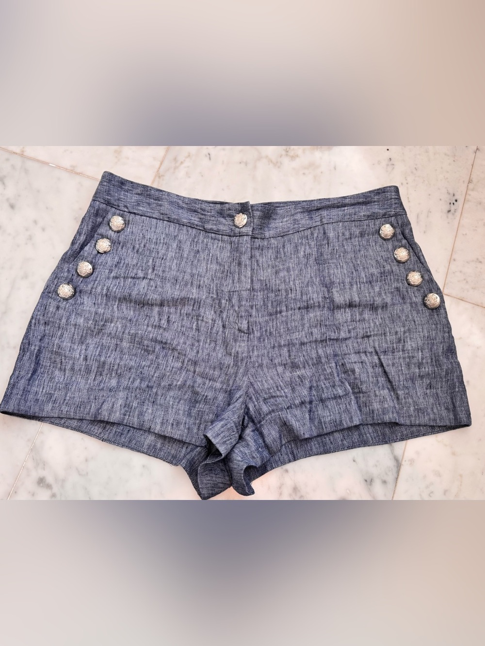 Veronica Beard Slate Blue Linen-Blend Bermuda Shorts